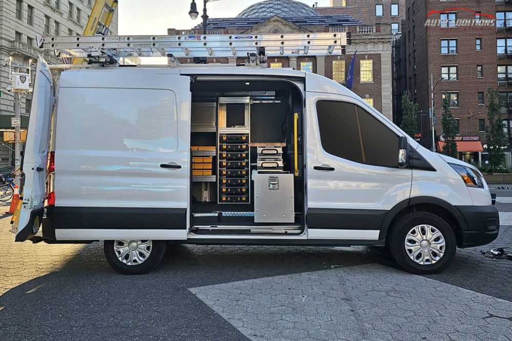 Van parked with side doors open