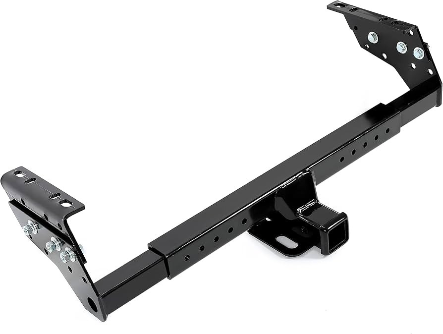 Black trailer hitch with two bolts attached, designed for secure towing.