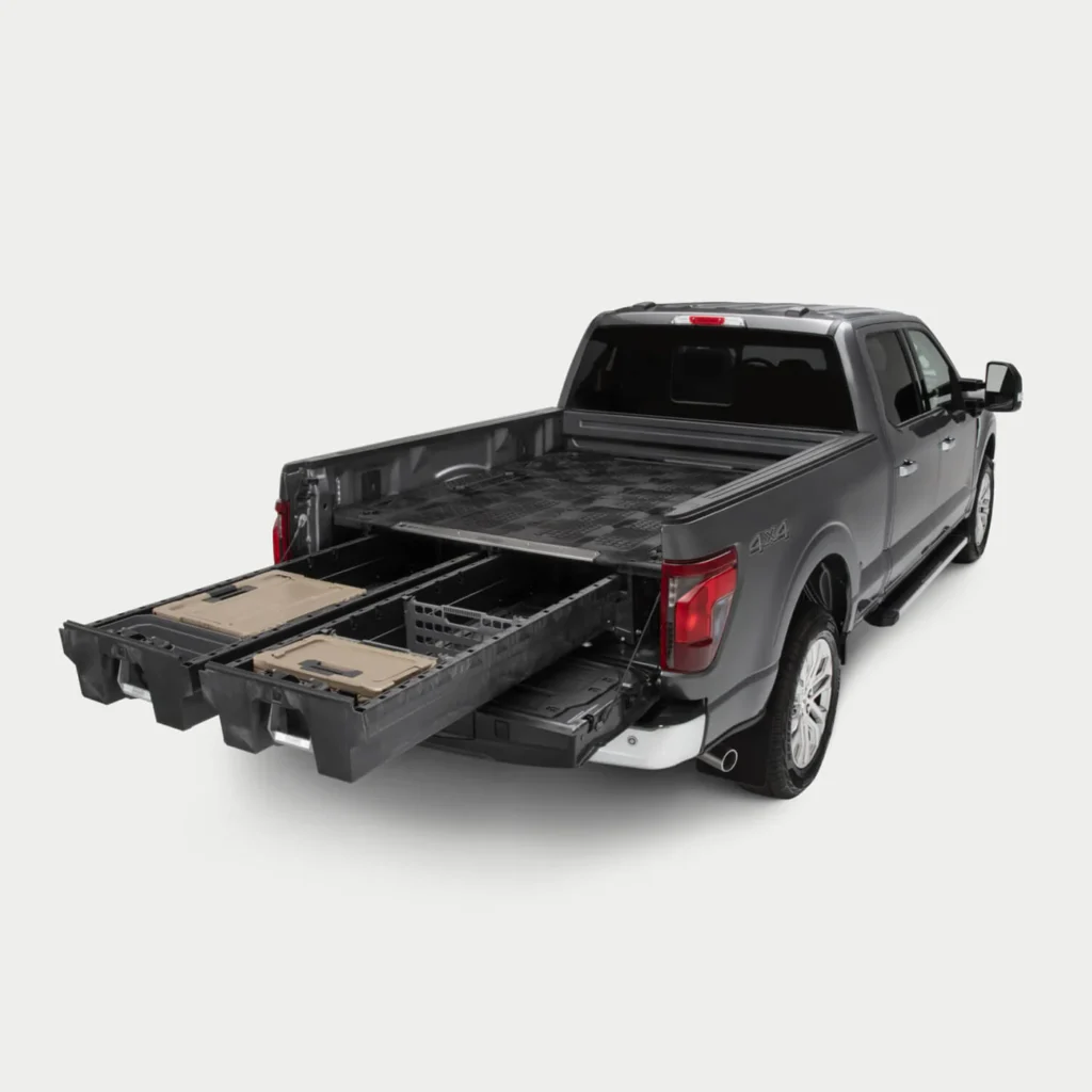 Black pick-up truck with shelves out