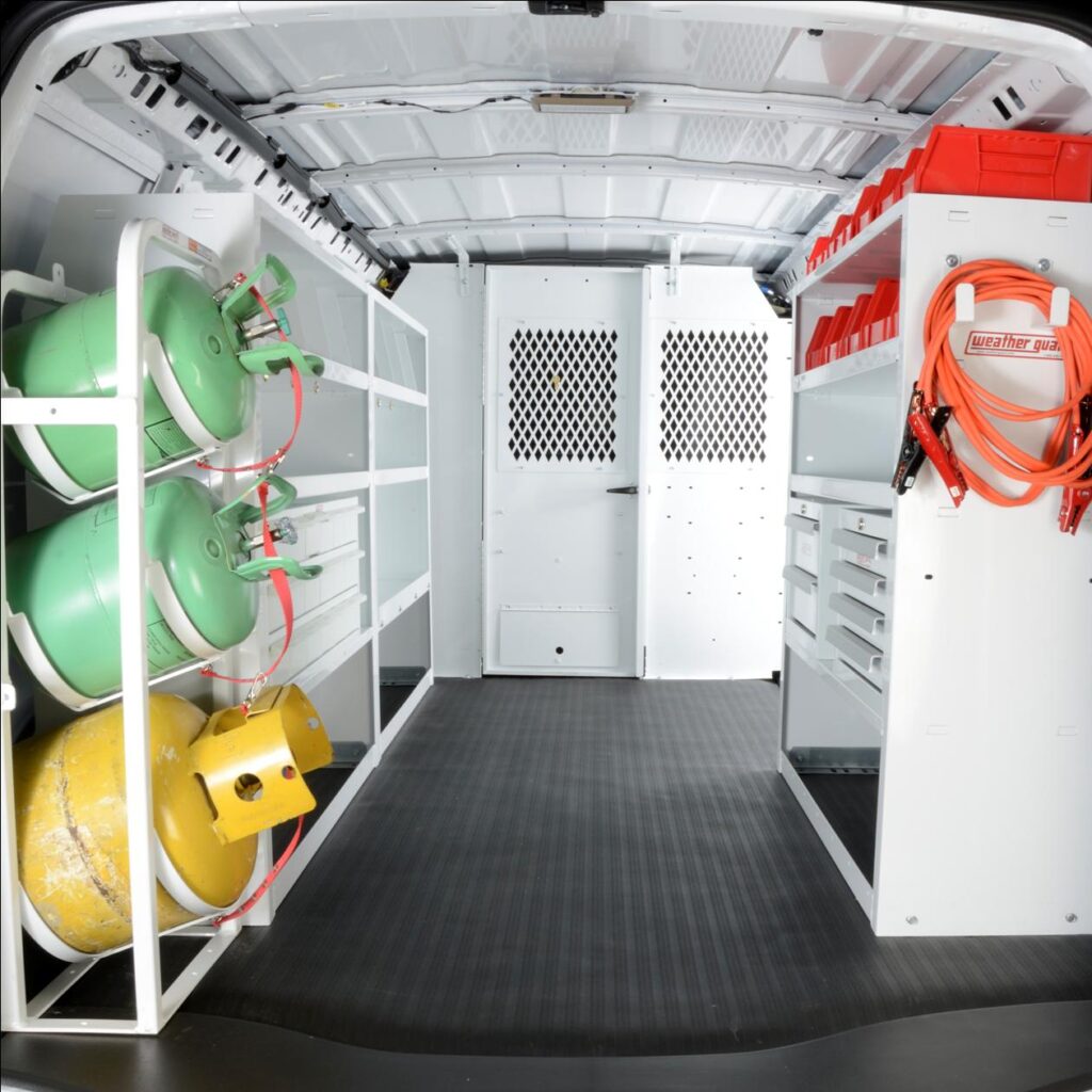 Van features tank and hoses in shelves