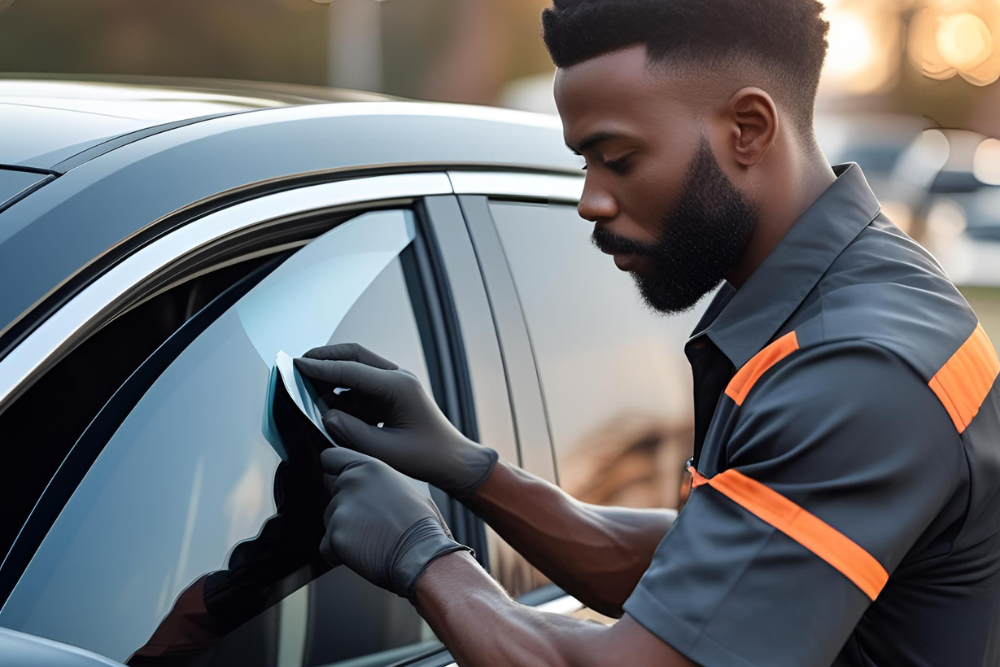 Man in styler uniform is installing a window tint