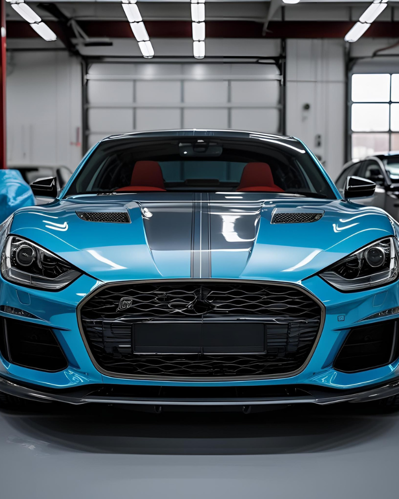 Blue car with graphics installed