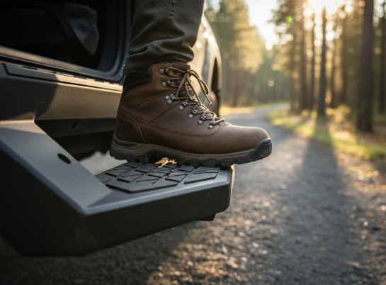 A driver's shoes is stepping out of the car