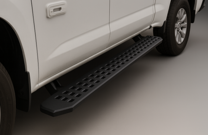White vehicle with running boards installed