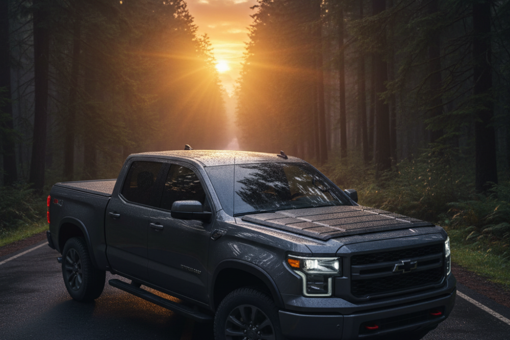 Pick up truck being parked in the middle of the road with sunset background